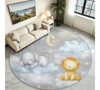 Grey Elephant Lion Moon Round Rug 150 cm, Night Sky Washable Playmat | Neutral Jungle Moon Circle Carpet, Anti-Skid Low Pile Grip Base, Soft Cosy Mat for Baby Nursery & Kids Bedroom