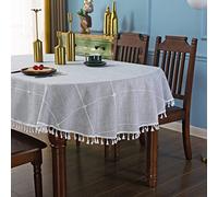 Grey Embroidery Lattice Oval Tablecloth with Tassel Heavy Duty Rustic Fabric Table Cover Wrinkle Resistant Washable Kitchen Dining Party Wedding Decoration 52 x 70 Inches