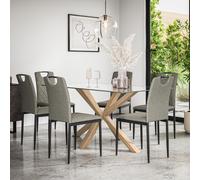 (Grey) Etta Glass Dining Table Set w Solid Oak Legs w 4-6 Monza Fabric Chair
