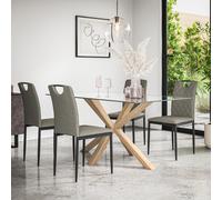 (Grey) Etta Glass Dining Table Set w Solid Oak Legs w 4-6 Monza Fabric Chair