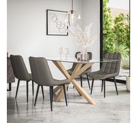 (Grey) Etta Glass Dining Table Set w Solid Oak Legs w 4-6 Nova Faux Leather Chair