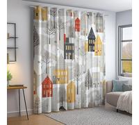 Grey Eyelet Curtains for Bedroom, Cartoon Cabin Tree Print Thermal Insulated Window Drapes - 65 inch Long Drop Blackout Curtains 2 Panels for Nursery Living Room W 29.5" x L 65"