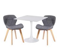 (Grey Fabric Chairs) Charles Jacobs White Square Ceramic Dining Table & 2 Diamond Chairs Dining Set Seat Dinner Kitchen