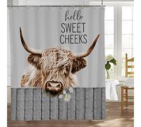 Grey Farmhouse Highland Cow Shower Curtain Cute Funny Bathroom Curtain, Farm Rustic Country Cow Shower Curtains, Waterproof Fabric Western Longhorn Bathroom Decor Cheeks Curtain with Hooks 72x72 Inch