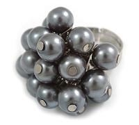 Grey Faux Pearl Bead Cluster Ring in Silver Tone Metal - Adjustable 7/8