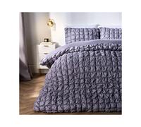 (Grey Filled Quilted, Single) OHS Quilted Seersucker Duvet Set Geo Filled Plush Plump Warm Soft Cosy Duvet Cover With Pillowcase Bedding Set Single Double King Super King