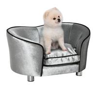 Grey Fir Wood & Plush Pet Sofa Bed 69x49x38cm, Storage Pocket, Removable Cushion