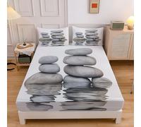 Grey Fitted Sheets, Zen Lake Elegant Stacked Stones Single Fitted Sheet, Bed Sheets Extra Deep Pocket 12 inch (30 cm) Microfiber Brushed 90x190cm Bed Sheet with 2 Pillowcases 50×75cm
