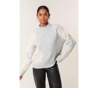 Grey Flower Diamante Detailed Knitted Jumper Blue Vanilla Grey S/M