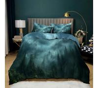 Grey forest Pine Tree Duvet Cover Set Doubles for Kids Teens Adult, Smoky Mountain Firforest Bedding Sets with Zipper, Green Spring Nature Woodland Landscape Comforter Cover with Pillowcase Double
