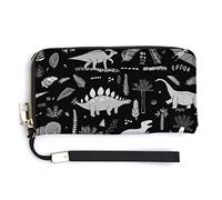 Grey Funny Dinosaurs with Forest Palm Leaves on Black Long Clutch Wallet, Long Handbag with Removable Wristlet Strap, PU Leather Zip Purse, Credit Pass Case Card-Holder for Men Women