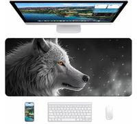 Grey Gaming Mouse Pad, Wolf Large Mouse Mat 800x300x3mm, Desk Pad with Stitched Edges, Keyboard Mat with Waterproof Non-Slip Rubber Base, Desk Accessories and PC Accessories, Gifts for Women U-7701