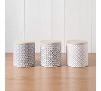 Grey Geometric Style Storage Canisters with Bamboo Lid for Tea,Coffee & Sugar Jars 3pc - Embossed Finish