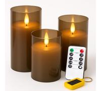 Grey Glass Flameless Candles Set of 3 - LED Flickering Candles with Remote, Timer & Dimming, Battery Operated Warm White Light for Table, Wedding, Party or Home Décor + Solar Keyring