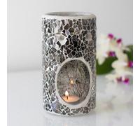Grey Glass Pillar Shaped Oil, Wax Melt Burner. Mirrored Crackle Effect. H14.5 Cm