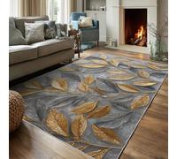 Grey Gold Leaf Rugs for Bedroom 140 x 200, Home Living Room Decor, 3D Modern Abstract Pattern Soft Washable Area Rug, Non Slip Large Carpet DS219