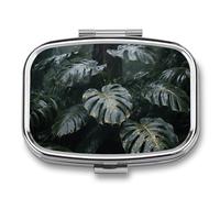 Grey Gold Plant Leaves Pill Box - 2 Compartment Travel Pill Organizer with Small Mirror, Portable Pillcase for Pocket & Purse, Cute Square Medicine Case, Weekly Medicine Container