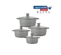 (Grey) GRACE Die Cast Marble Stockpot Set -Aluminium Non Stick Coating Cooking -Induction Stock with Tempered Glass Lid with Steam Vent Cookware