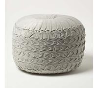 HOMESCAPES Light Grey Velvet Pouffe 50 cm Wide Round Pleated Velvet Footstool with Bean Filling Foot Rest Vanity Stool for Living Room or Bedroom