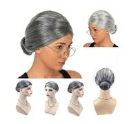 Grey Granny Grandma Old Lady Tied Up Bun Wig Hair Fancy Dress Party