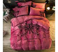 Grey Gray Bedding Bed Duvet Set Velvet Quilt Cover Sets Flat Sheet Winter Twin King Double Size Soft Warm Flannel 4 Pcs (Pink)
