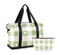 Grey-Green Love Check Overnight Weekender Bags with Wet Pocket Adjustable Strap Large Gym Bag for Workout Foldable for Men Women