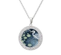 Grey Heron Lotus-Flower Pond Multicolored Diamond Necklace Brilliant Round Pendant Personalized Charm Jewelry Gifts for Women
