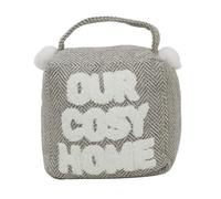 Grey Herringbone Door Stop | 1.2kg Weighted Square Cosy Home Fabric Doorstop with Handle, White Pom-Pom Accents and Textured Quote