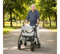 (Grey) HOMCOM 2-in-1 Mobility Walker with Seat, Foldable Rollator with Footrests