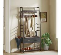HOMCOM Coat Rack with Shoe Storage, Hall Tree, Industrial Coat Stand with Shoe Bench, 10 Removable Hooks, 2 Fabric Drawers and Clothes Rail for Entryway, Hallway, Grey