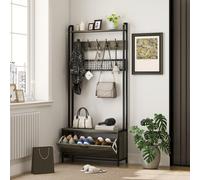 HOMCOM Coat Rack with Shoe Storage Bench and Grid Panel, Hall Tree, 5-In-1 Industrial Coat Rack Stand with Shoe Cabinet and 10 Hooks for Hallway, Entryway, Living Room, Grey