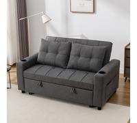 (Grey) HUDSON 2-SEATER SOFA BED LINEN FABRIC WITH CUP HOLDERS