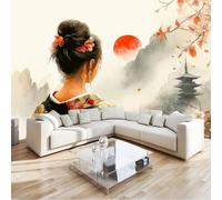 Grey Japanese Style Wildflowers Wallpaper - Mountains Temple Woman Print Paste The Paper Application, 250 x 175 cm for Walls Living Room Lounge Bedroom Hallway Feature Wall