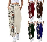 Grey Joggers Womens Halloween Elastic Waist Side Pockets Sport Casual Printed Pants Loose Long Trousers Daily High-Waisted Drawstring Sweatpants Festive Atmosphere Joggers