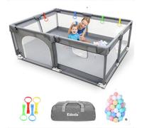 Grey Kidoola Baby Playpen With Padded Frame & Mesh Walls, Balls & Pull Rings, Playpen For Baby And Toddlers (150X180Cm)