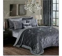 (Grey, King) Luxury Crushed Santiago Velvet Bedspread Quilted Comforter Bed Throw Bedding Set