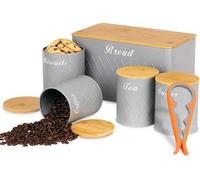 Grey Kitchen Canister Set with Bread Bin - Airtight Storage Tins for Tea Coffee Sugar and Biscuits, Round Jars with Bamboo Lids, Durable Elegant Storage Containers for Stylish Kitchen Organization