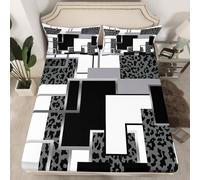 Grey Leopard Print Bed Sheets King Black Silver Gray Abstract Geometric Bedding Set Grid Cheetah Fitted Sheet For Adults,Wildlife Animal Skin Buffalo Check Fitted Bed Sheets