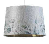 Grey Linen & Leaves Design Vintage Easy Fit Round Tapered Drum Shade | Gold Inner Hard Lined | 30cm Diameter (12") | Reversible Gimbal | Pendants & Table Lamps | Fits Lampholder Type E14 E27 B15 B22