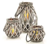 LIVIVO 3pc Wicker Willow Candle Lantern Basket Jar Made from Hemp Rope & Willow Twigs - Perfect for Indoor Outdoor Garden Living Room Home Office (Grey)