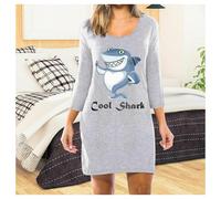 (Grey - Long Sleeve - Cool Shark, Small - UK 8 / 10) Women Nightdress Nightie Ladies Printed Nightwear