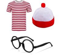 GREY LOOK Adults Explorer Costume Find Me if You Can Unisex Red/White Stripe TShirt Hat Glasses OTK Leg Warmer Scarf for Book Week Set (Pack of 3 T-shirts + Hat + Glasses, 13 Years)