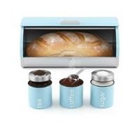GREY LOOK Contemporary Bread Bin & Tea Coffee and Sugar Storage Set, Jars Canisters With Matel Lid, Kitchen Storage Caddy Containers Tins With Seal (Bread Bin with 3 Canisters Set) (Skyline)