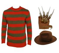 GREY LOOK Men's Halloween Nightmare On Elm Street, Freddy Krueger Horror Costume Jumper With Hat & Claw Gloves Fancy Dress Outfit (Freddy 3pc(Jumper+Hat+Glove), XX-Large)
