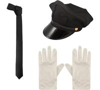 GREY LOOK Unisex Adults Chauffeur Cap Limo Taxi Driver Hat, White Gloves and Black Tie Book W ay Fancy Dress Accessories Kit (Chauffeur 3pcs set)