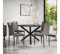 Malvern Round Dining Table And Chairs - Black Table Top w Solid Oak Black Legs + Monza Faux Leather Dining Chair Set Of 4 More4Homes Grey One Size