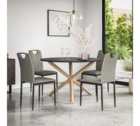 (Grey) Malvern Round Black Dining Table Set w Solid Oak Legs w 4-6 Monza Linen Chair
