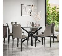 Malvern Round Dining Table And Chairs - Clear Glass Table Top w Solid Oak Black Legs + Monza Faux Leather Dining Chair Set Of 6 More4Homes Grey One Size