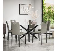 Malvern Round Dining Table And Chairs - Clear Glass Table Top w Solid Oak Black Legs + Monza Fabric Dining Chair Set Of 6 More4Homes Grey One Size