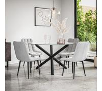 Malvern Round Dining Table And Chairs - Clear Glass Table Top w Solid Oak Black Legs + Nova Velvet Dining Chair Set Of 4 More4Homes Grey One Size